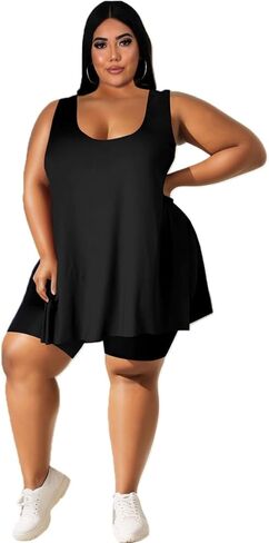 YeGine Women Plus Size 2 Piece Outfits Casual Sleeveless Tunic Tops Short Sets Summer Oversized Tshirts Shorts Sweatsuits in Kuwait