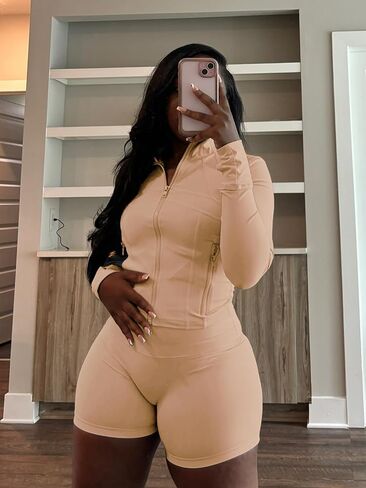 Vssjavun Women 2 Piece Outfits Sweatsuit Sets Long Sleeve Full Zip Workout Jacket Bodycon Shorts Set Tracksuit Loungewear in Saudi Arabia