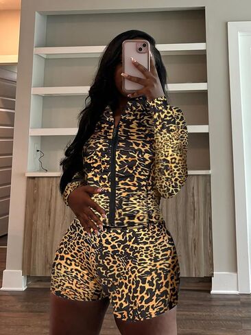 Vssjavun Women 2 Piece Outfits Sweatsuit Sets Long Sleeve Full Zip Workout Jacket Bodycon Shorts Set Tracksuit Loungewear in Saudi Arabia