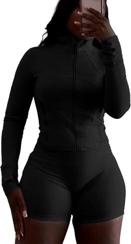 Vssjavun Women 2 Piece Outfits Sweatsuit Sets Long Sleeve Full Zip Workout Jacket Bodycon Shorts Set Tracksuit Loungewear in Saudi Arabia