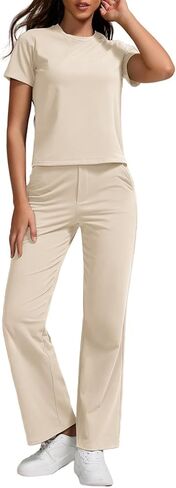 ZFLM Women Casual Loungewaer 2 Piece Outfits Short Sleeved Wide Leg High Waisted Pants with Pockets Tracksuit Sets Streetwear in Kuwait