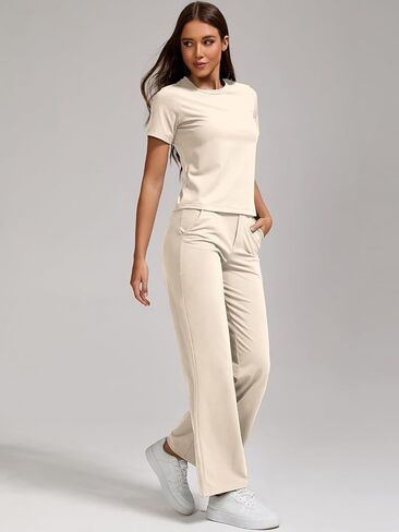 ZFLM Women Casual Loungewaer 2 Piece Outfits Short Sleeved Wide Leg High Waisted Pants with Pockets Tracksuit Sets Streetwear in Kuwait