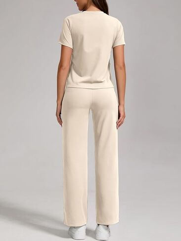 ZFLM Women Casual Loungewaer 2 Piece Outfits Short Sleeved Wide Leg High Waisted Pants with Pockets Tracksuit Sets Streetwear in Kuwait