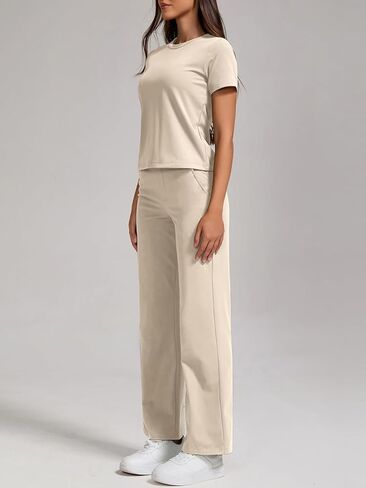 ZFLM Women Casual Loungewaer 2 Piece Outfits Short Sleeved Wide Leg High Waisted Pants with Pockets Tracksuit Sets Streetwear in Kuwait