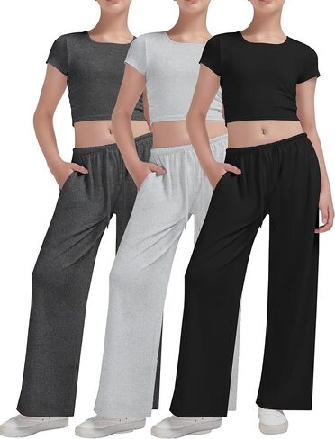 EXARUS Girls 3 Pack Lounge Sets Outfits 2 Piece Ruched Cropped Short Sleeve Drawstring Wide Leg Pants With Pockets in Kuwait