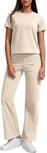 ZFLM Women Casual Loungewaer 2 Piece Outfits Short Sleeved Wide Leg High Waisted Pants with Pockets Tracksuit Sets Streetwear in Kuwait