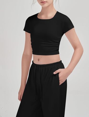 EXARUS Girls 3 Pack Lounge Sets Outfits 2 Piece Ruched Cropped Short Sleeve Drawstring Wide Leg Pants With Pockets in Kuwait