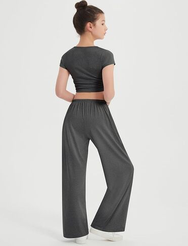 EXARUS Girls 3 Pack Lounge Sets Outfits 2 Piece Ruched Cropped Short Sleeve Drawstring Wide Leg Pants With Pockets in Kuwait