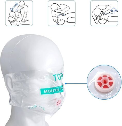 قناع AOUTACC 5 قطع من قناع CPR وقفازات PVC للاستعمال مرة واحدة للجيب أو سلسلة المفاتيح، درع وجه الطوارئ CPR مع حاجز تنفس بصمام أحادي الاتجاه للإسعافات الأولية أو التدريب بالدرهم الإماراتي in Saudi Arabia
