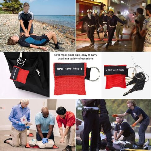قناع AOUTACC 5 قطع من قناع CPR وقفازات PVC للاستعمال مرة واحدة للجيب أو سلسلة المفاتيح، درع وجه الطوارئ CPR مع حاجز تنفس بصمام أحادي الاتجاه للإسعافات الأولية أو التدريب بالدرهم الإماراتي in Saudi Arabia