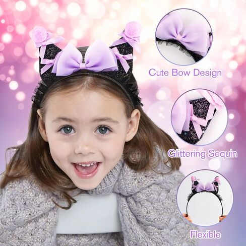 Cat Ears Headband Kawaii Headwear with Bow Glitter Sequin Cartoon Headpiece Anime Cute Hair Accessories for Women Girls Princess Party Decorations Halloween Cosplay Costume Outfit in Saudi Arabia