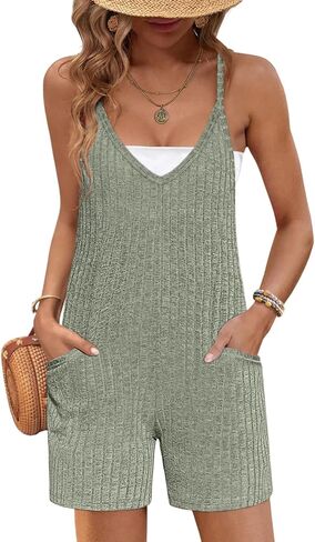 Ekouaer Rompers for Women Summer Casual Sleeveless Spaghetti Strap Jumpsuit Ribbed Shorts Overalls with Pockets in Saudi Arabia