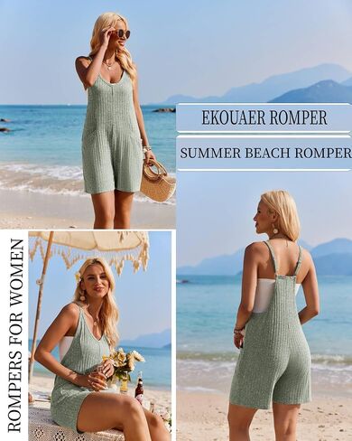 Ekouaer Rompers for Women Summer Casual Sleeveless Spaghetti Strap Jumpsuit Ribbed Shorts Overalls with Pockets in Saudi Arabia