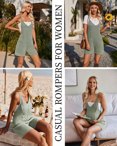 Ekouaer Rompers for Women Summer Casual Sleeveless Spaghetti Strap Jumpsuit Ribbed Shorts Overalls with Pockets in Saudi Arabia