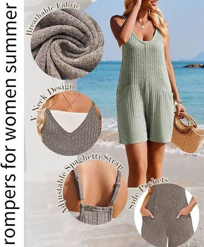 Ekouaer Rompers for Women Summer Casual Sleeveless Spaghetti Strap Jumpsuit Ribbed Shorts Overalls with Pockets in Saudi Arabia