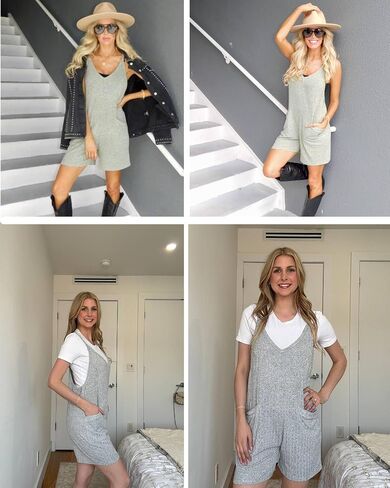 Ekouaer Rompers for Women Summer Casual Sleeveless Spaghetti Strap Jumpsuit Ribbed Shorts Overalls with Pockets in Saudi Arabia