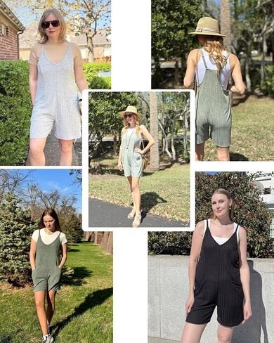 Ekouaer Rompers for Women Summer Casual Sleeveless Spaghetti Strap Jumpsuit Ribbed Shorts Overalls with Pockets in Saudi Arabia