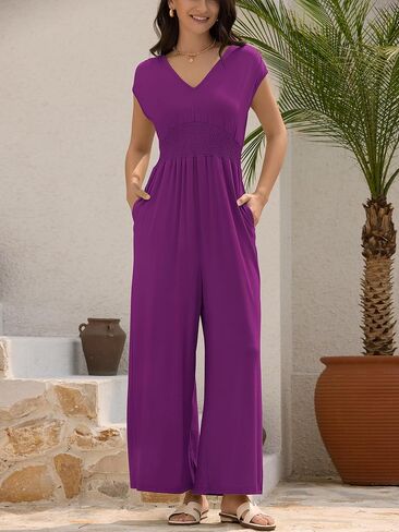 ZAFUL Womens Summer Jumpsuits 2025 Smocked Waist Dressy Casual One Piece Outfits with Pockets in Saudi Arabia