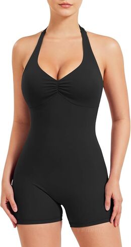 YEOREO Women Halter Workout Jumpsuits One Piece Backless Bodycon Bodysuits Hidden Scrunch V Back Yoga Joceline Short Romper in Saudi Arabia