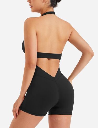 YEOREO Women Halter Workout Jumpsuits One Piece Backless Bodycon Bodysuits Hidden Scrunch V Back Yoga Joceline Short Romper in Saudi Arabia