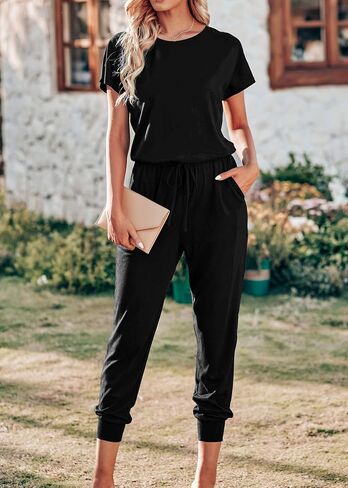 KIRUNDO Jumpsuits for Women Summer 2025 Casual Short Sleeve One Piece Outfits Drawstring Waist Long Pants Romper Jumpers in Saudi Arabia