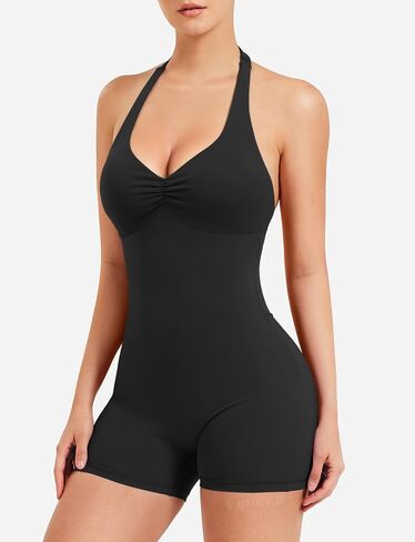 YEOREO Women Halter Workout Jumpsuits One Piece Backless Bodycon Bodysuits Hidden Scrunch V Back Yoga Joceline Short Romper in Saudi Arabia