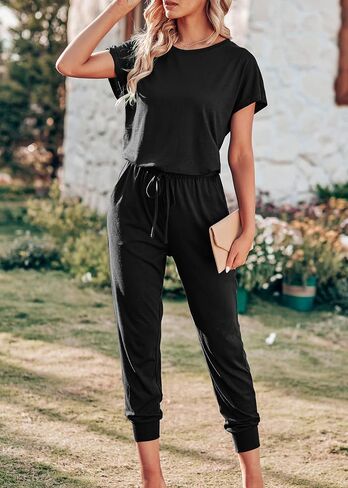 KIRUNDO Jumpsuits for Women Summer 2025 Casual Short Sleeve One Piece Outfits Drawstring Waist Long Pants Romper Jumpers in Saudi Arabia