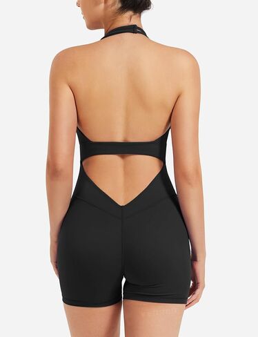 YEOREO Women Halter Workout Jumpsuits One Piece Backless Bodycon Bodysuits Hidden Scrunch V Back Yoga Joceline Short Romper in Saudi Arabia