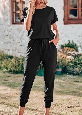 KIRUNDO Jumpsuits for Women Summer 2025 Casual Short Sleeve One Piece Outfits Drawstring Waist Long Pants Romper Jumpers in Saudi Arabia