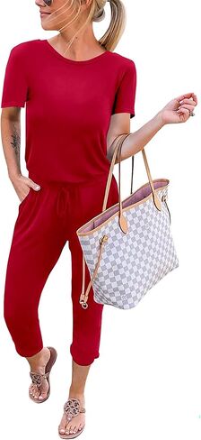 KIRUNDO Jumpsuits for Women Summer 2025 Casual Short Sleeve One Piece Outfits Drawstring Waist Long Pants Romper Jumpers in Saudi Arabia