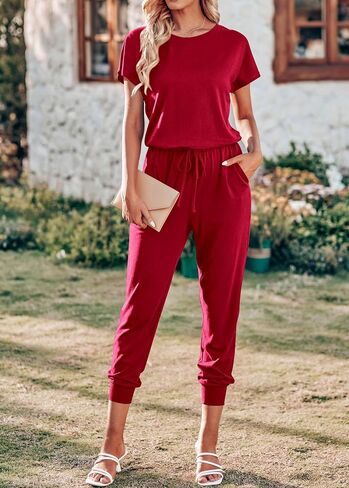 KIRUNDO Jumpsuits for Women Summer 2025 Casual Short Sleeve One Piece Outfits Drawstring Waist Long Pants Romper Jumpers in Saudi Arabia
