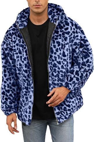SOMTHRON Men's Faux Fur Leopard Hooded Jacket Shaggy Coat Zip Up Winter Warm Fluffy Furry Parka Overcoat in Kuwait