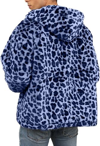 SOMTHRON Men's Faux Fur Leopard Hooded Jacket Shaggy Coat Zip Up Winter Warm Fluffy Furry Parka Overcoat in Kuwait