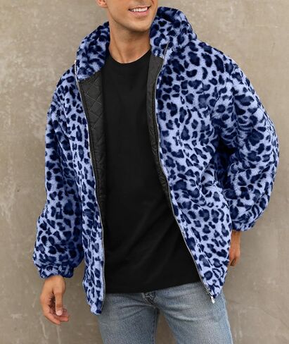 SOMTHRON Men's Faux Fur Leopard Hooded Jacket Shaggy Coat Zip Up Winter Warm Fluffy Furry Parka Overcoat in Kuwait
