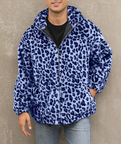 SOMTHRON Men's Faux Fur Leopard Hooded Jacket Shaggy Coat Zip Up Winter Warm Fluffy Furry Parka Overcoat in Kuwait