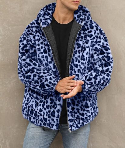 SOMTHRON Men's Faux Fur Leopard Hooded Jacket Shaggy Coat Zip Up Winter Warm Fluffy Furry Parka Overcoat in Kuwait