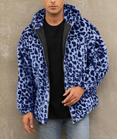 SOMTHRON Men's Faux Fur Leopard Hooded Jacket Shaggy Coat Zip Up Winter Warm Fluffy Furry Parka Overcoat in Kuwait