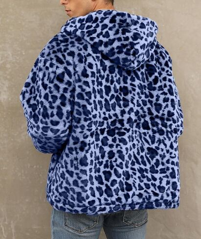 SOMTHRON Men's Faux Fur Leopard Hooded Jacket Shaggy Coat Zip Up Winter Warm Fluffy Furry Parka Overcoat in Kuwait