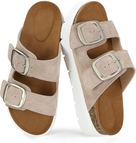 Genuine Leather Platform Sandals for Women Comfortable Summer Beach Slides Sandals with Double Adjustable Buckle in Saudi Arabia