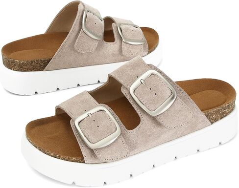 Genuine Leather Platform Sandals for Women Comfortable Summer Beach Slides Sandals with Double Adjustable Buckle in Saudi Arabia
