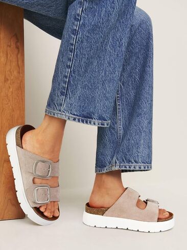 Genuine Leather Platform Sandals for Women Comfortable Summer Beach Slides Sandals with Double Adjustable Buckle in Saudi Arabia