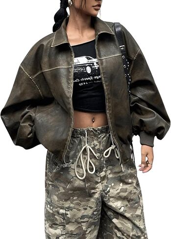 SHENHE Women's Leather Jacket Collared Neck Lantern Sleeve Zip Up Streetwear Motorcycle Bomber Jacket Coat in Kuwait