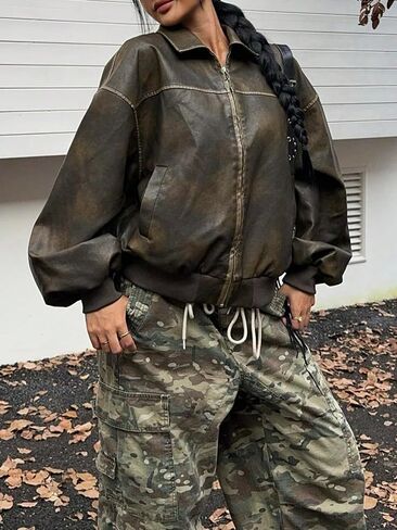 SHENHE Women's Leather Jacket Collared Neck Lantern Sleeve Zip Up Streetwear Motorcycle Bomber Jacket Coat in Kuwait