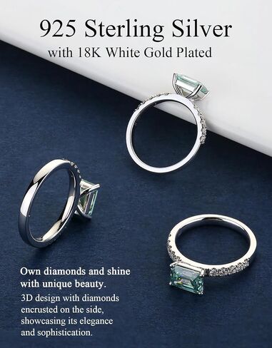 حلقات خطوبة مويسانيت للنساء ، د ، لون VVS1 3 أحجار الزمرد قطع S925 Sterling Silver Placed 18K الذهب الأبيض حلقات الذكرى السنوية لها in Kuwait