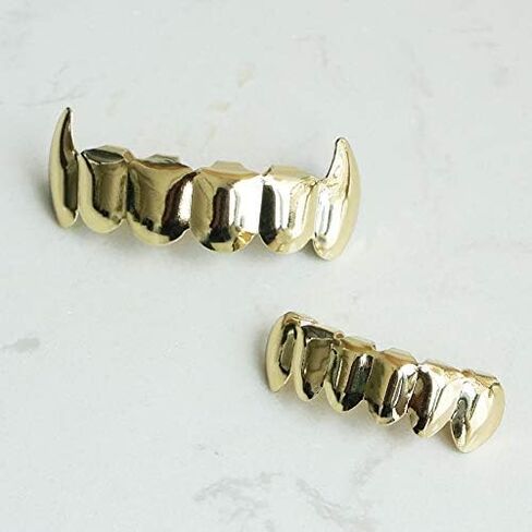 24K Plated Gold Grillz Vampire Fangs Caps Top And Bottom Grill Set Mouth Teeth For Son Gift + Extra Molding Bars + Microfiber Cloth in Kuwait