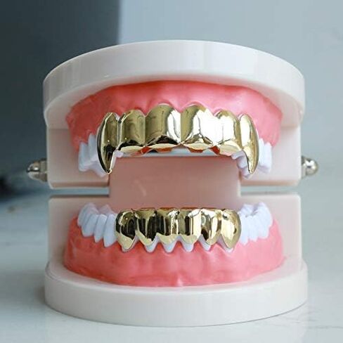 24K Plated Gold Grillz Vampire Fangs Caps Top And Bottom Grill Set Mouth Teeth For Son Gift + Extra Molding Bars + Microfiber Cloth in Kuwait