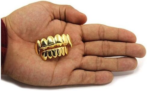 24K Plated Gold Grillz Vampire Fangs Caps Top And Bottom Grill Set Mouth Teeth For Son Gift + Extra Molding Bars + Microfiber Cloth in Kuwait