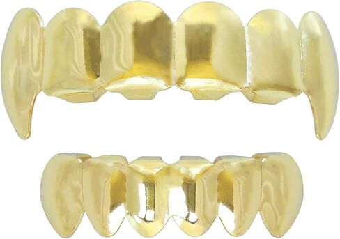 24K Plated Gold Grillz Vampire Fangs Caps Top And Bottom Grill Set Mouth Teeth For Son Gift + Extra Molding Bars + Microfiber Cloth in Kuwait