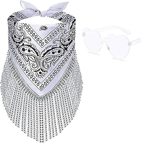 Fringe Rhinestone Bandana Disco Cowgirl Bachelorette Sparkly Bandanas for Women Men Halloween, with Heart Sunglasses in Kuwait