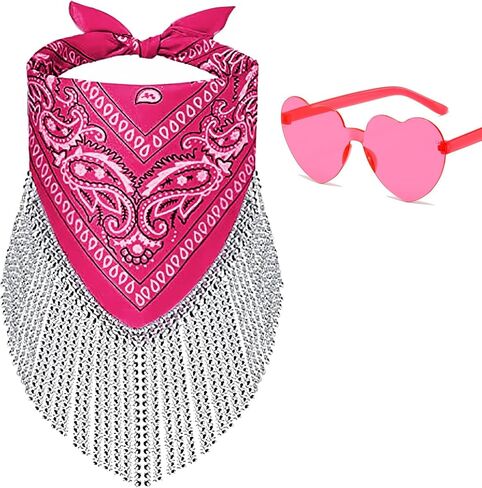 Fringe Rhinestone Bandana Disco Cowgirl Bachelorette Sparkly Bandanas for Women Men Halloween, with Heart Sunglasses in Kuwait